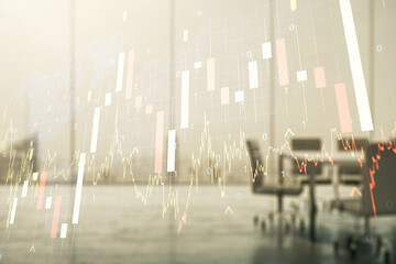 Abstract creative financial graph interface and world map on a modern conference room background, forex and investment concept. Multiexposure