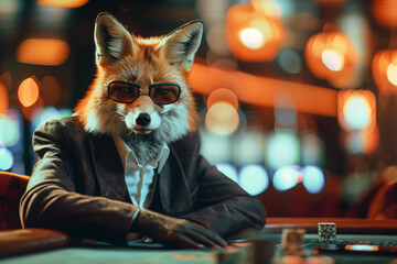  sly fox in a stylish black suit with glasses sits at a gaming table in a casino, luxury setting, gambling concept, blurred background with copy space