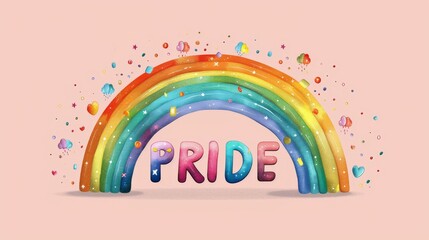 Obraz premium Pastel Pride Rainbow with Soft Hues and Puffy Clouds, Serene LGBTQ+ Illustration on Light Pink Background