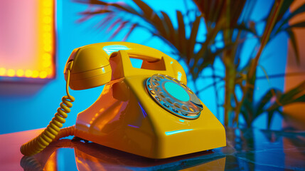 yellow vintage phone on a table, with a vibrant background featuring bold shapes and contrasting colors of blue and yellow, creating an atmosphere reminiscent of the '80s pop art era