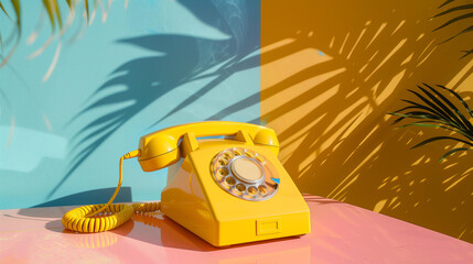 yellow vintage phone on a table, with a vibrant background featuring bold shapes and contrasting colors of blue and yellow, creating an atmosphere reminiscent of the '80s pop art era