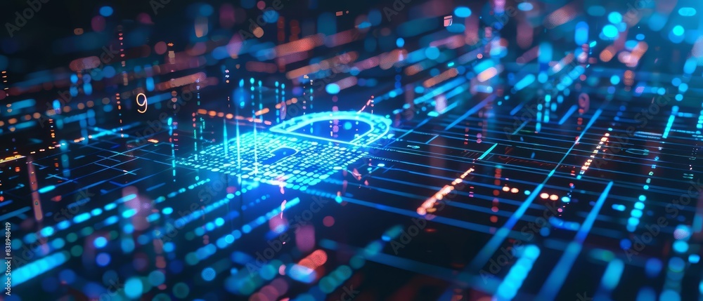 Poster digital padlock overlaying a stream of binary code, illustrating data protection and online security