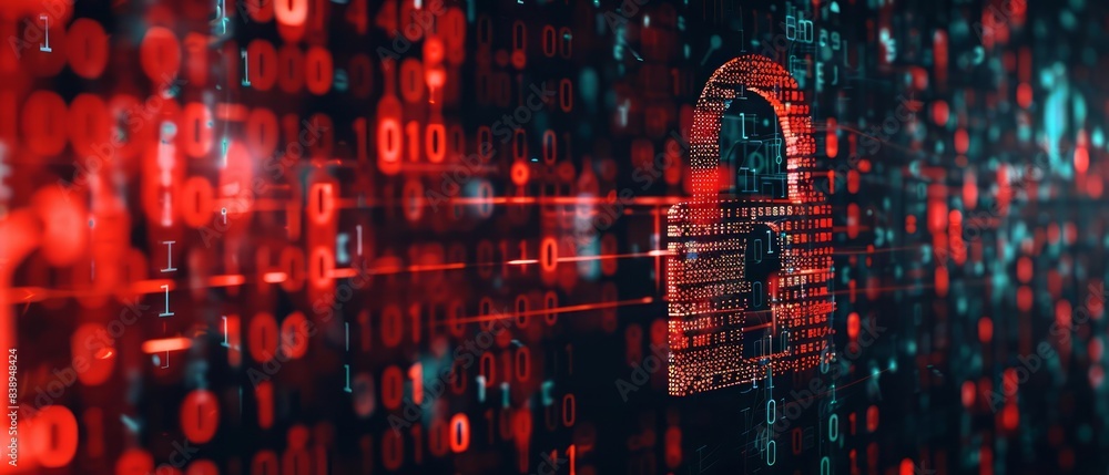 Poster digital padlock overlaying a stream of binary code, illustrating data protection and online security