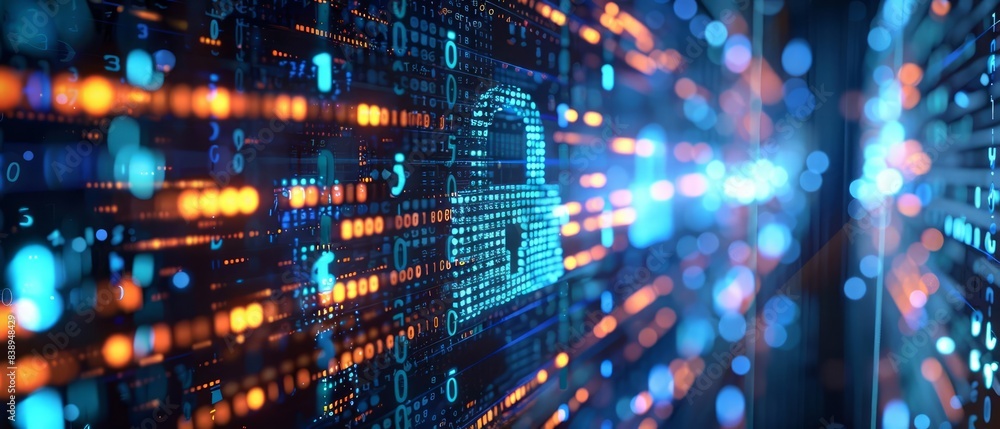 Poster digital padlock overlaying a stream of binary code, illustrating data protection and online security