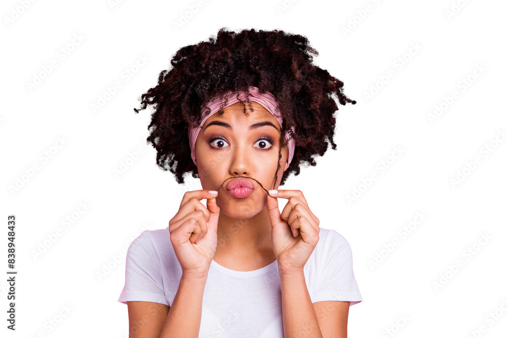 Poster Close-up portrait of her she nice-looking charming cute shine winsome attractive lovely funny wavy-haired girl making fake mustache curl isolated over pink pastel background