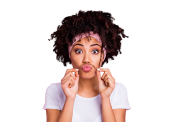 Close-up portrait of her she nice-looking charming cute shine winsome attractive lovely funny wavy-haired girl making fake mustache curl isolated over pink pastel background