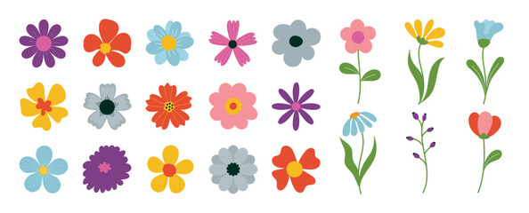 Collection of spring colorful flower elements vector. Set floral of wildflower, leaf branch, foliage on white background. Hand drawn blossom illustration for decor, easter, thanksgiving, clipart.