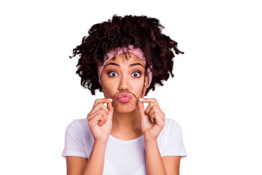 Close-up portrait of her she nice-looking charming cute shine winsome attractive lovely funny wavy-haired girl making fake mustache curl isolated over pink pastel background
