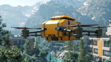 Advanced Drone Flying Over Modern Residential Area with Mountainous Landscape in the Background on a Clear Day