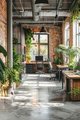 Fototapeta premium Modern Industrial Office Space with Greenery and Natural Light, Exposed Brick Walls, and Contemporary Furniture in an Open-Plan Layout