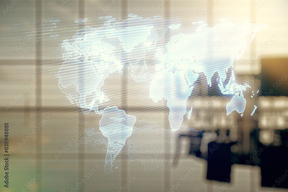 Aufkleber Multi exposure of abstract graphic world map on a modern furnished classroom background, big data and networking concept