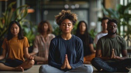 Diverse Group of Young Adults Practicing Meditation in a Modern Indoor Setting with Green Plants in the Background