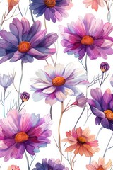 Vibrant Watercolor Floral Pattern with Purple and Pink Flowers on White Background - Perfect for Fabric, Wallpaper, and Decorative Designs