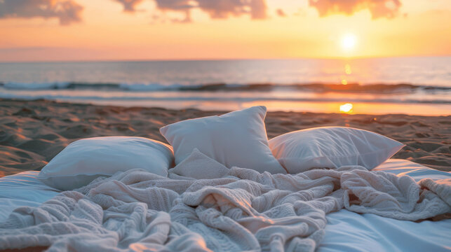 Cozy beach bed setup at sunset, tranquil ocean view. Relaxation and serene concept