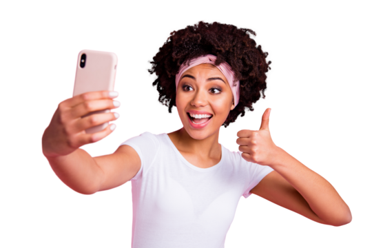 Close-up portrait of nice charming cute attractive lovely winsome cheerful cheery wavy-haired girl taking making selfie showing thumbup isolated over pink pastel background