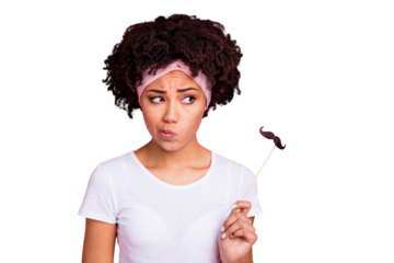 Close-up portrait of her she nice-looking charming cute attractive lovely sad disappointed bored wavy-haired girl looking holding stick like mustache isolated over pink pastel background