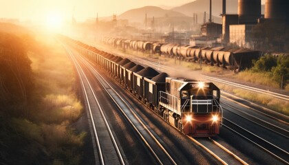 Fototapeta premium A freight train with multiple coal cars traveling along a railway track during the day with a softer sunlight. The scene is set in a rural or industri
