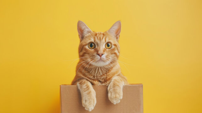 Orange tabby cat sitting in a cardboard box with yellow background. Adorable pet and playful cat concept