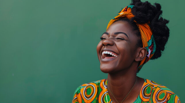 Smiling woman in colorful traditional attire against green background. Joyful and vibrant portrait concept