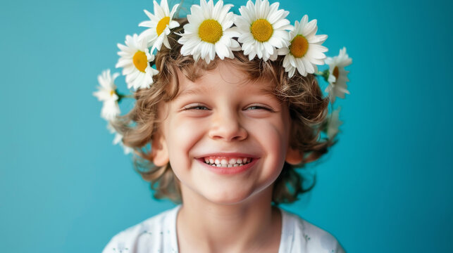 Smiling child wearing a daisy flower crown against blue background, joyful and vibrant childhood concept