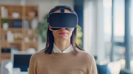 Woman wearing virtual reality headset in modern office, technology concept