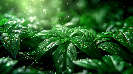 A lush green plant with droplets of water on its leaves. The droplets are scattered throughout the plant, giving it a fresh and vibrant appearance. Scene is one of tranquility and natural beauty
