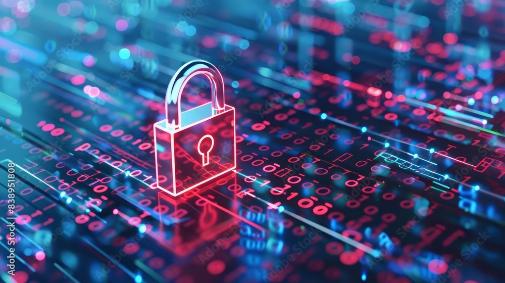 Poster padlock symbol secured over a digital binary code background, representing cybersecurity