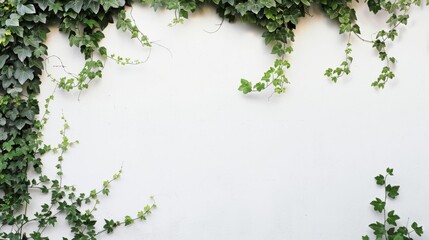 Green ivy vines climbing on a white wall, minimalist nature background. Botanical simplicity and natural decor concept