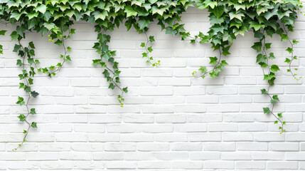 Green ivy vines on white brick wall, minimalist design. Nature and decor concept