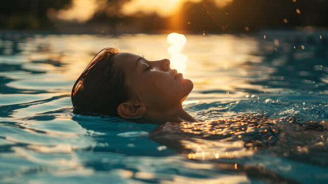 woman swimming in the pool at sunset, serene moment. relaxation and tranquility concept