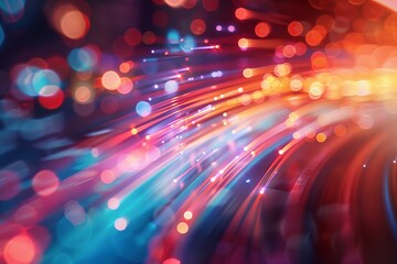 Abstract background with colorful fiber optic lights in motion, showcasing vibrant and dynamic energy for technology and communication concepts.