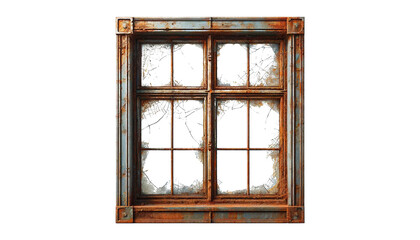  old rusty window with cracked glass isolated  on the transparent background.