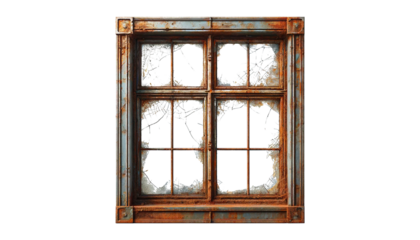  old rusty window with cracked glass isolated  on the transparent background.