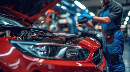 Fototapeta premium Close-up of a car repair service technician in a car repair station