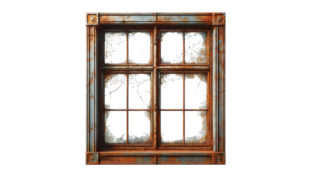  old rusty window with cracked glass isolated  on the transparent background.