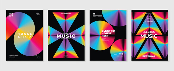 Music poster design background vector set. Electro Sound Cover template with vibrant perspective 3d geometric prism shape. Ideal design for social media, flyer, party, music festival, club.