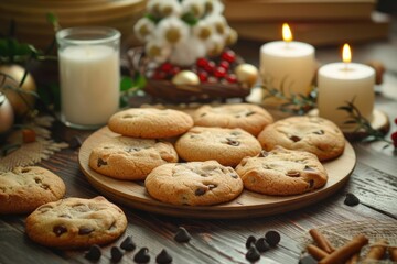 A cozy setting with homemade chocolate chip cookies on a wooden platter, surrounded by candles and holiday decorations.