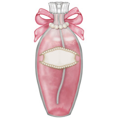 Perfume bottle luxury glass or crystal perfume bottle with ribbon pink color decorated with pearls,hand drawn.