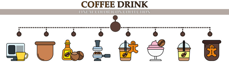 Coffee drink lineal color icon collection. With icon of coffee break 
iced coffee, filter, portafilter, iced cream and more. For sign, symbol, infographics, presentation or web graphics