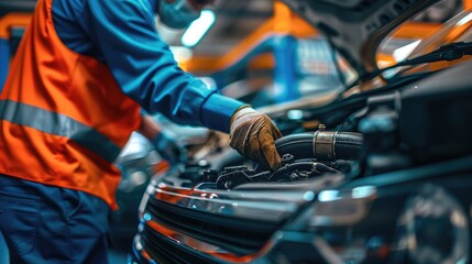 Close-up of a car repair service technician in a car repair station