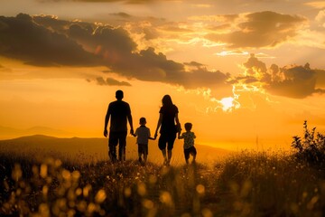 Fototapeta premium Sunset Family Portrait: Mother, Father, Son & Daughter Embracing