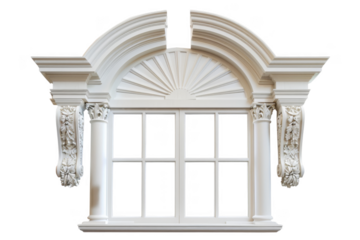 A window with a white frame and a white arch above it