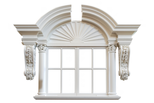 A window with a white frame and a white arch above it