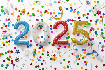 Celebratory 2025 New Year Confetti Explosion in Colorful Background