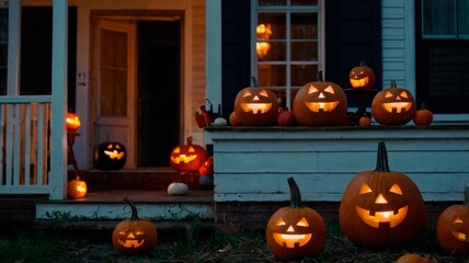 halloween carved glowing pumpkins on the porch of the house
