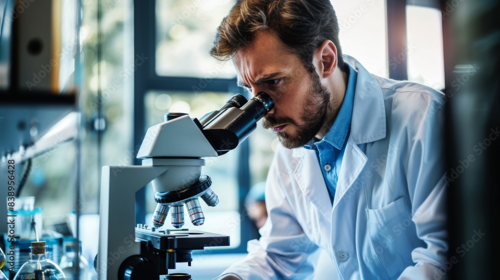 Poster the scientist using microscope