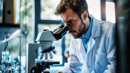 The scientist using microscope