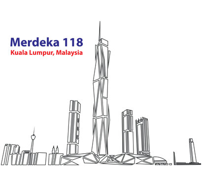 Line Drawing of Merdeka 118 Tower in Kuala Lumpur Malaysia. Outline