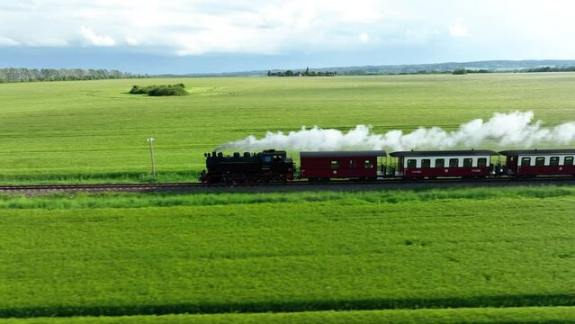 Smoking train travels through a meadow