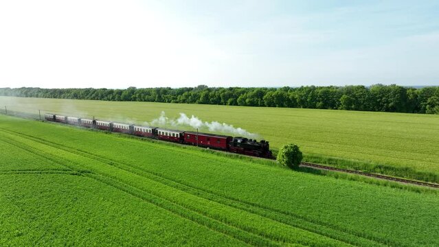 Steam train travels through a field